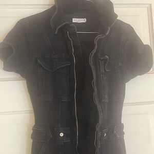 Good American Black Jean onsie jump with Structured Collar and Fitted Silhouette